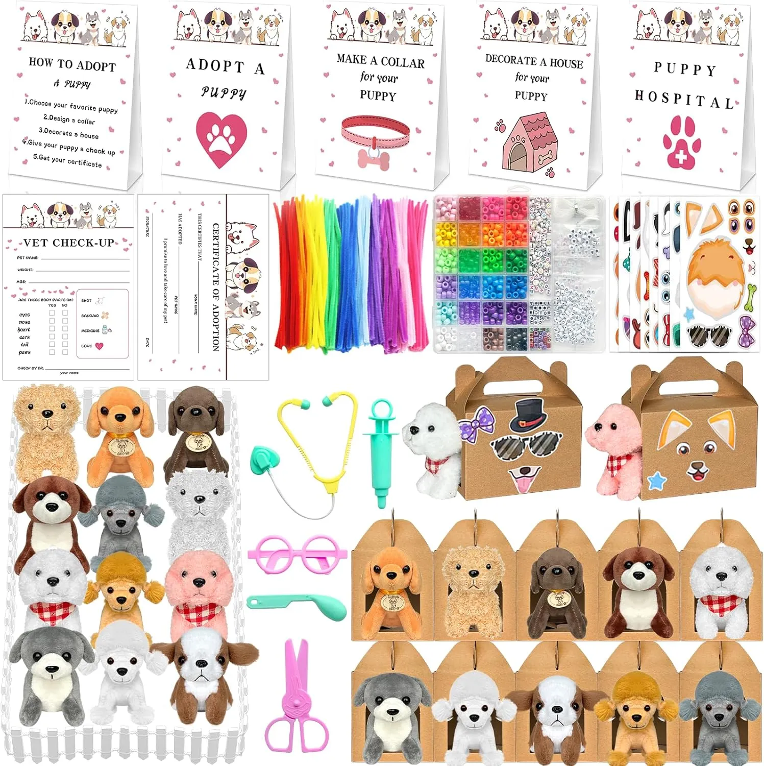 180 Pcs Adopt a Dog Party Favors Include 12 Mini Plush Dogs 12 Adoption Card 12 Kraft Boxes 12 Check Card 5 Adopt Sign 24 Puppy Stickers 1 Fence 102 Adopt a Puppy Supplies for Adoption Party (Dog)
