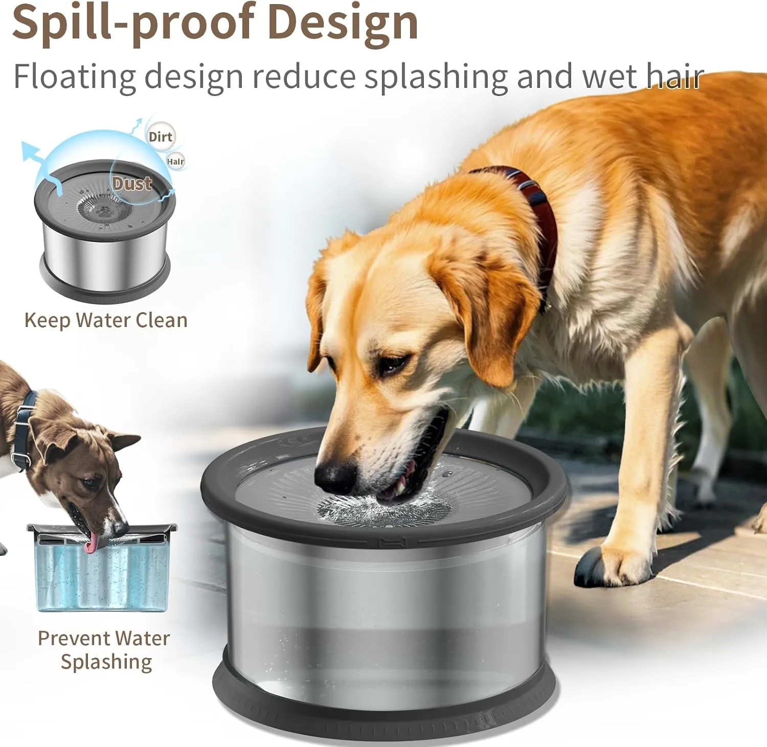2.5L Dog Water Bowl 101oz Stainless Steel Water Bowls for Dogs No Splash Pet Water Dispenser with Non-Slip Base for Dogs and Cats