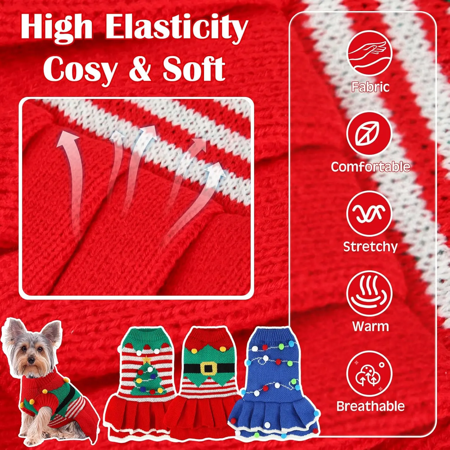 3 Pcs Christmas Dog Sweater Dresses Xmas Costumes for Small Dogs Winter Warm Puppy Cloth Xmas Holiday Sweaters Christmas Dress Outfit for Dachshund Chihuahua Maltese Puppy Girls(S)