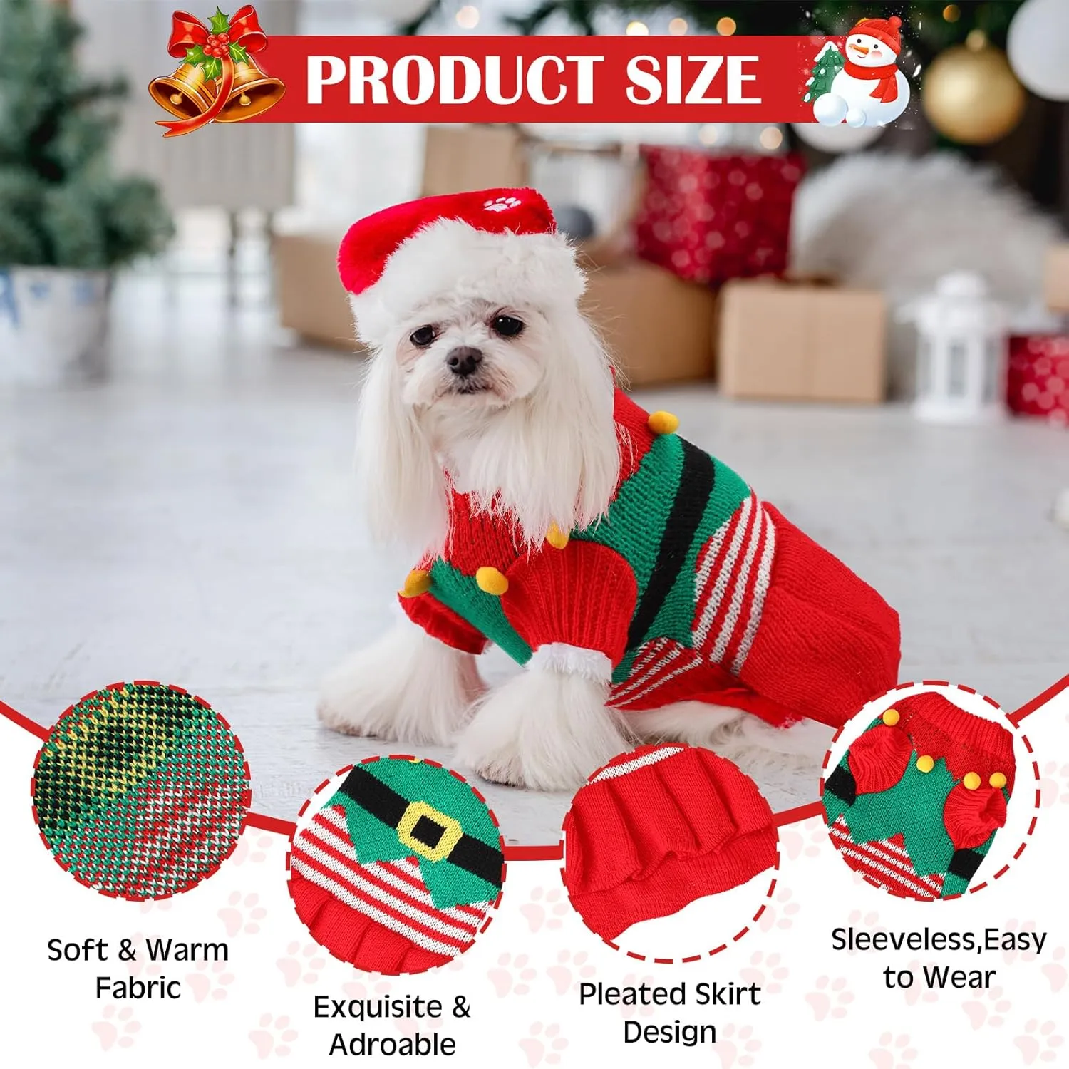 3 Pcs Christmas Dog Sweater Dresses Xmas Costumes for Small Dogs Winter Warm Puppy Cloth Xmas Holiday Sweaters Christmas Dress Outfit for Dachshund Chihuahua Maltese Puppy Girls(S)