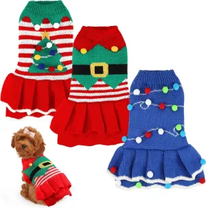 3 Pcs Christmas Dog Sweater Dresses Xmas Costumes for Small Dogs Winter Warm Puppy Cloth Xmas Holiday Sweaters Christmas Dress Outfit for Dachshund Chihuahua Maltese Puppy Girls(S)
