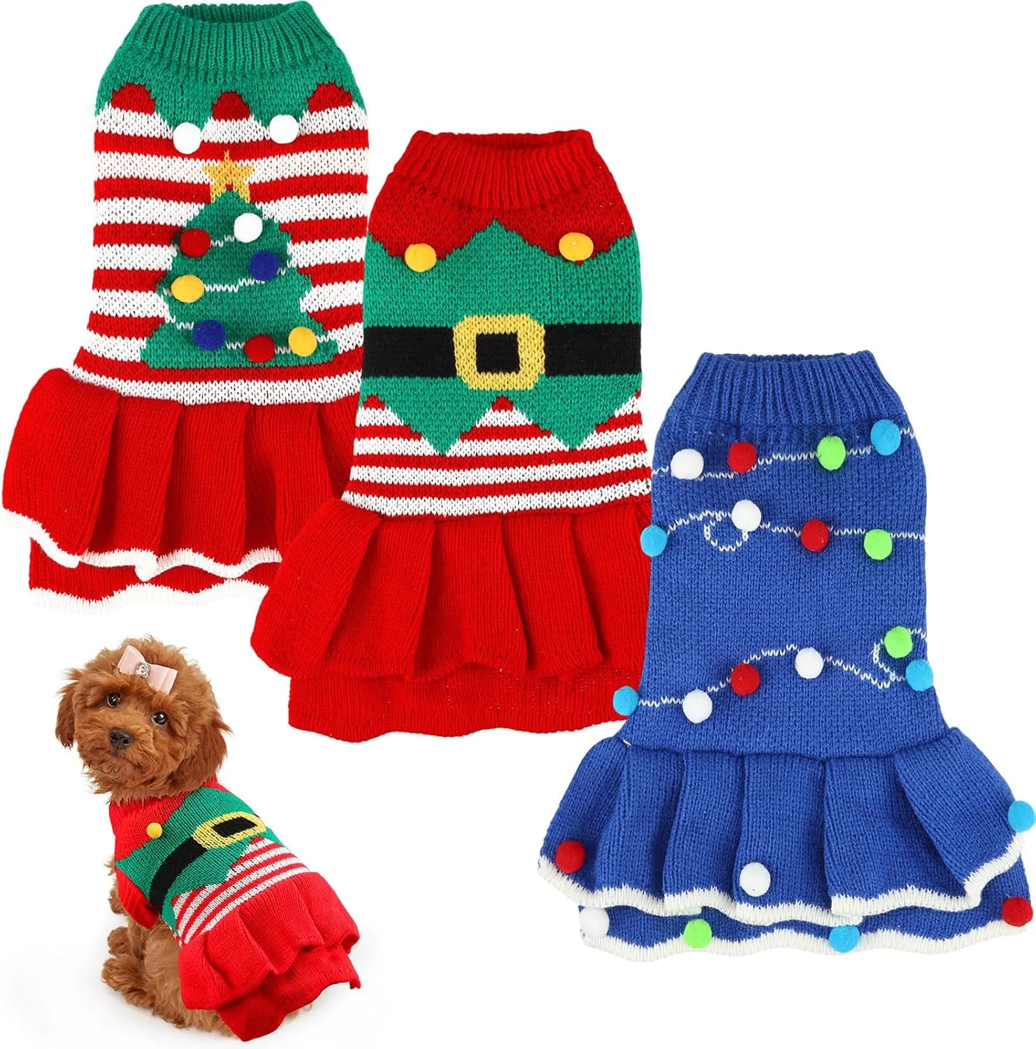 3 Pcs Christmas Dog Sweater Dresses Xmas Costumes for Small Dogs Winter Warm Puppy Cloth Xmas Holiday Sweaters Christmas Dress Outfit for Dachshund Chihuahua Maltese Puppy Girls(S)