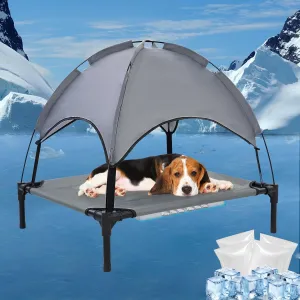 30'' Outdoor Elevated Dog Bed with Canopy, Raised Dogs Bed with Four Ice Pack, Breathable Cooling Dog Cot Beds Small Medium Size Dogs, Outdoor Pet Hammock Beds, Outside Pet Beds(Small)