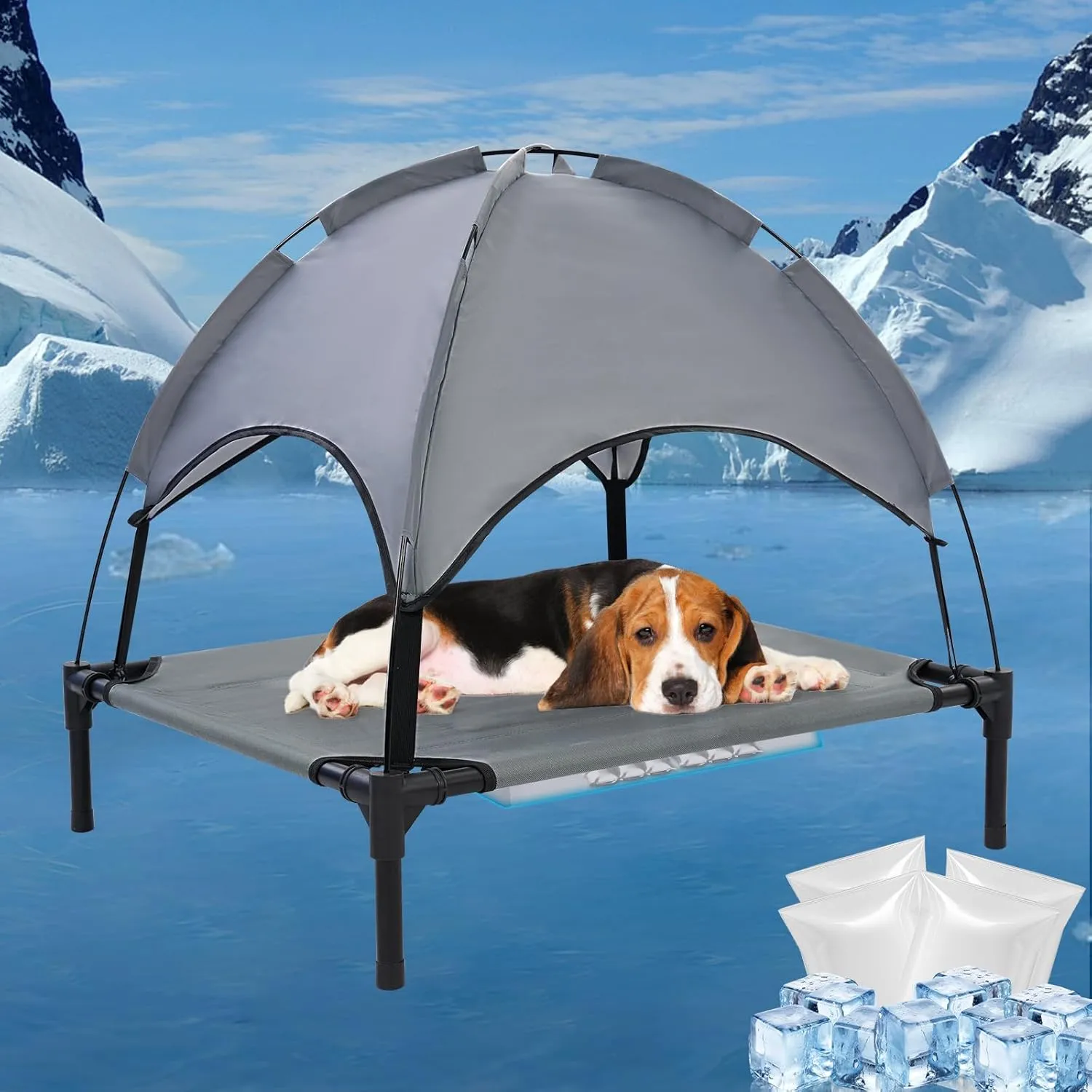 30'' Outdoor Elevated Dog Bed with Canopy, Raised Dogs Bed with Four Ice Pack, Breathable Cooling Dog Cot Beds Small Medium Size Dogs, Outdoor Pet Hammock Beds, Outside Pet Beds(Small)