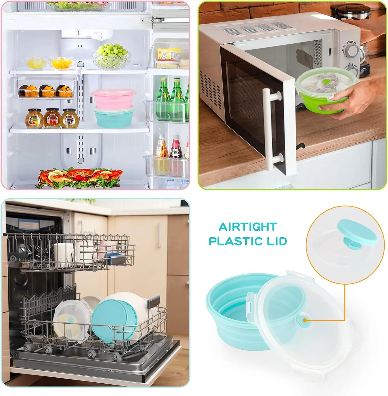 3Pack Collapsible Silicone Food Storage Containers with Lid 17OZ Foldable Lunch Bowl for Microwave Freezer Dishwasher Safe (500ml)