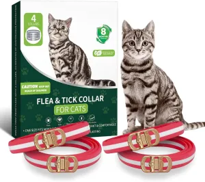 4 Pack Flea Collar for Cats, Flea and Tick Collar for Cats Red & White, 32 Months Flea and Tick Prevention for Cats, Cat Flea and Tick Treatment, Water-Resistant & Adjustable Cat Flea Collar