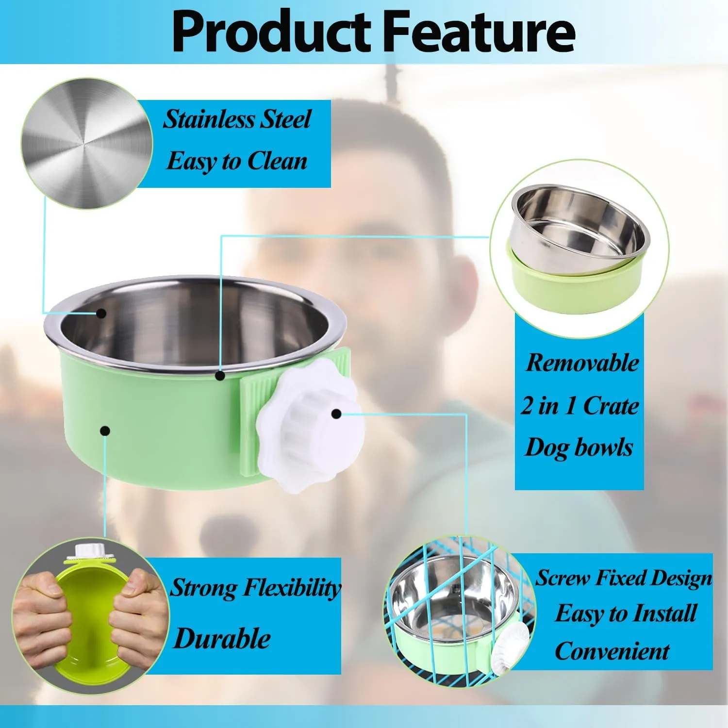4 Pieces Crate Dog Bowl, Removable Stainless Steel Pet Kennel Hanging Food Water Feeder Bowl Cage Coop Cup for Puppy Medium Dog Cat Rabbit Ferret Bird