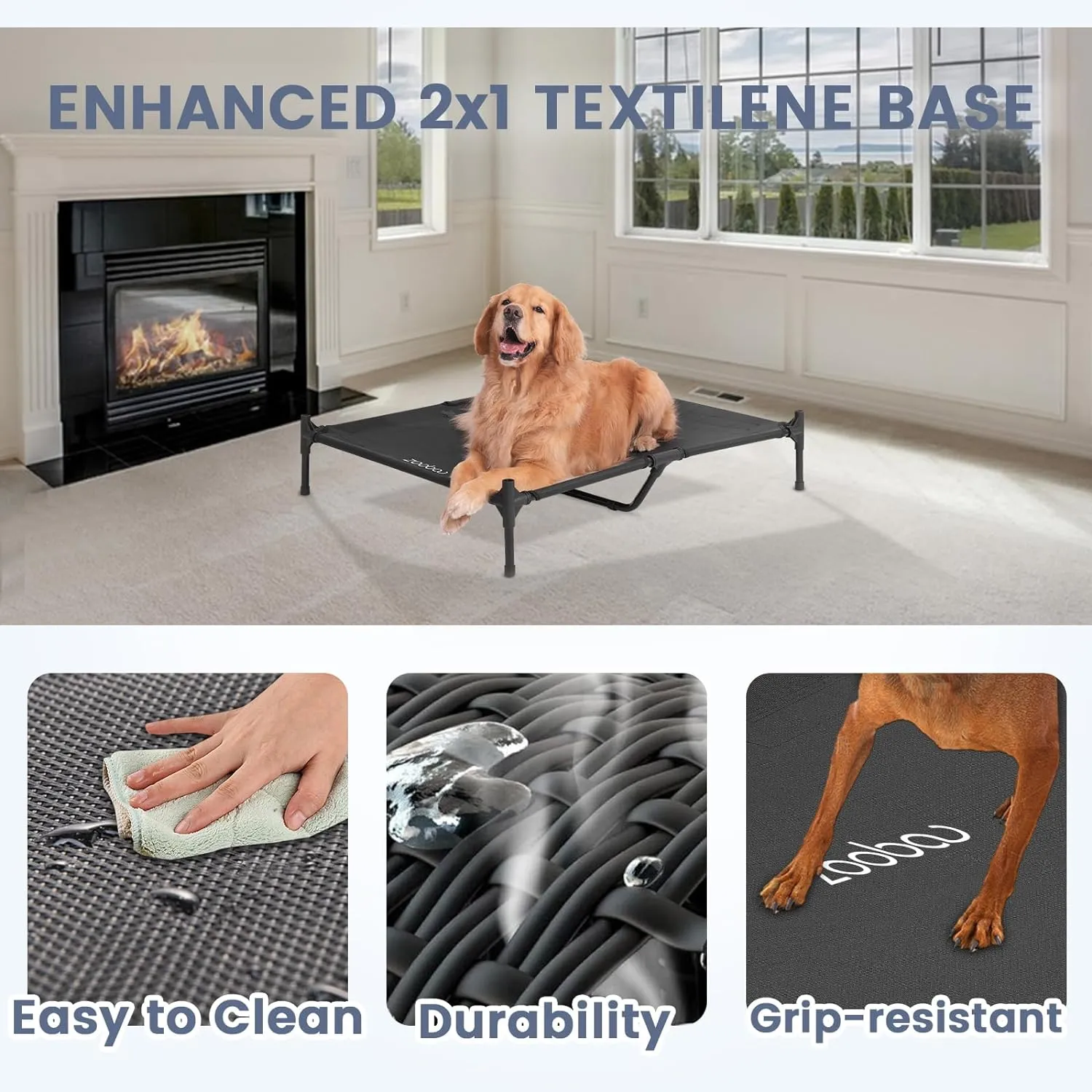 42 Outdoor Dog House for Large Breeds, Durable Large Dog Shelter with Weatherproof 600D PVC Canopy, Breathable 2x1 Textilene Fabric Elevated Dog Bed, XL Dog Kennel for Outside Use