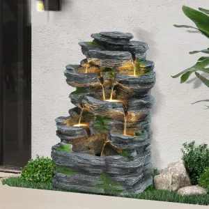 7-Tiers Garden Waterfall Fountain Outdoor - Water Fountains and Waterfalls, Outdoor/Indoor Floor Style Resin Fountain with LED Light for Patio, Garden and Backyard, Deck, Porch, Home