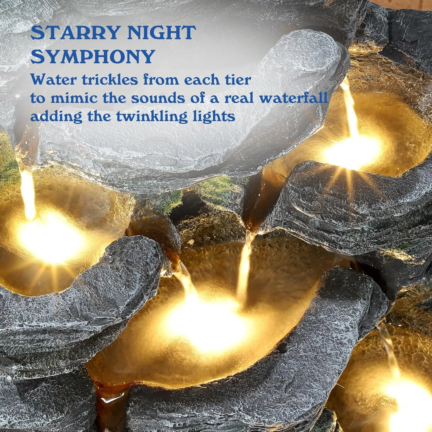 7-Tiers Garden Waterfall Fountain Outdoor - Water Fountains and Waterfalls, Outdoor/Indoor Floor Style Resin Fountain with LED Light for Patio, Garden and Backyard, Deck, Porch, Home