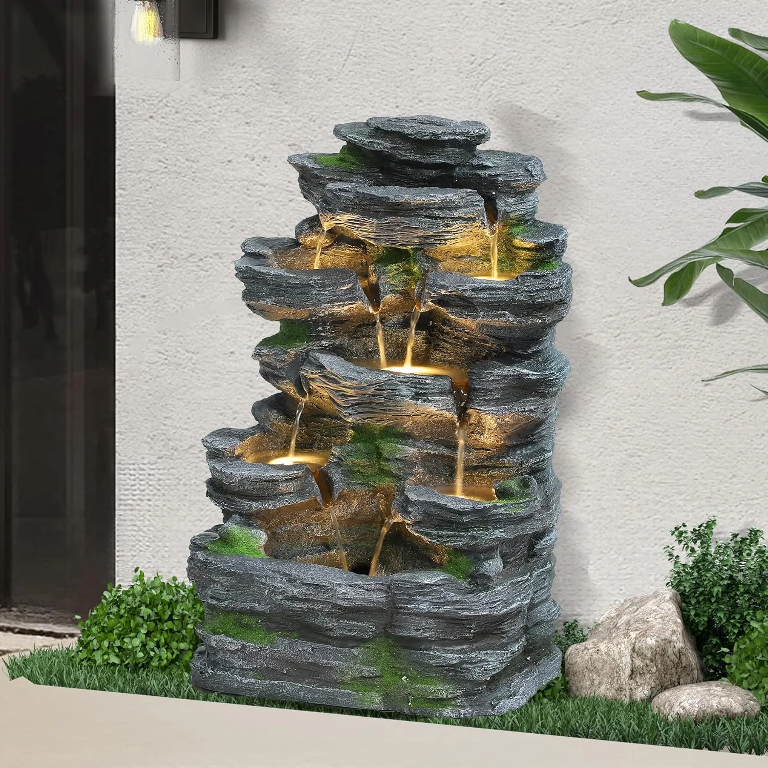 7-Tiers Garden Waterfall Fountain Outdoor - Water Fountains and Waterfalls, Outdoor/Indoor Floor Style Resin Fountain with LED Light for Patio, Garden and Backyard, Deck, Porch, Home