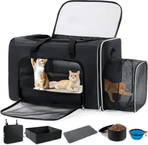 BALAPET Expandable Extra Large cat Carrier with Litter Box24"x13"x17" Collapsible Soft-Sided Pet Carrier for 2 Cats Under 55 lbs Cat Crate/Bag for Car Travel