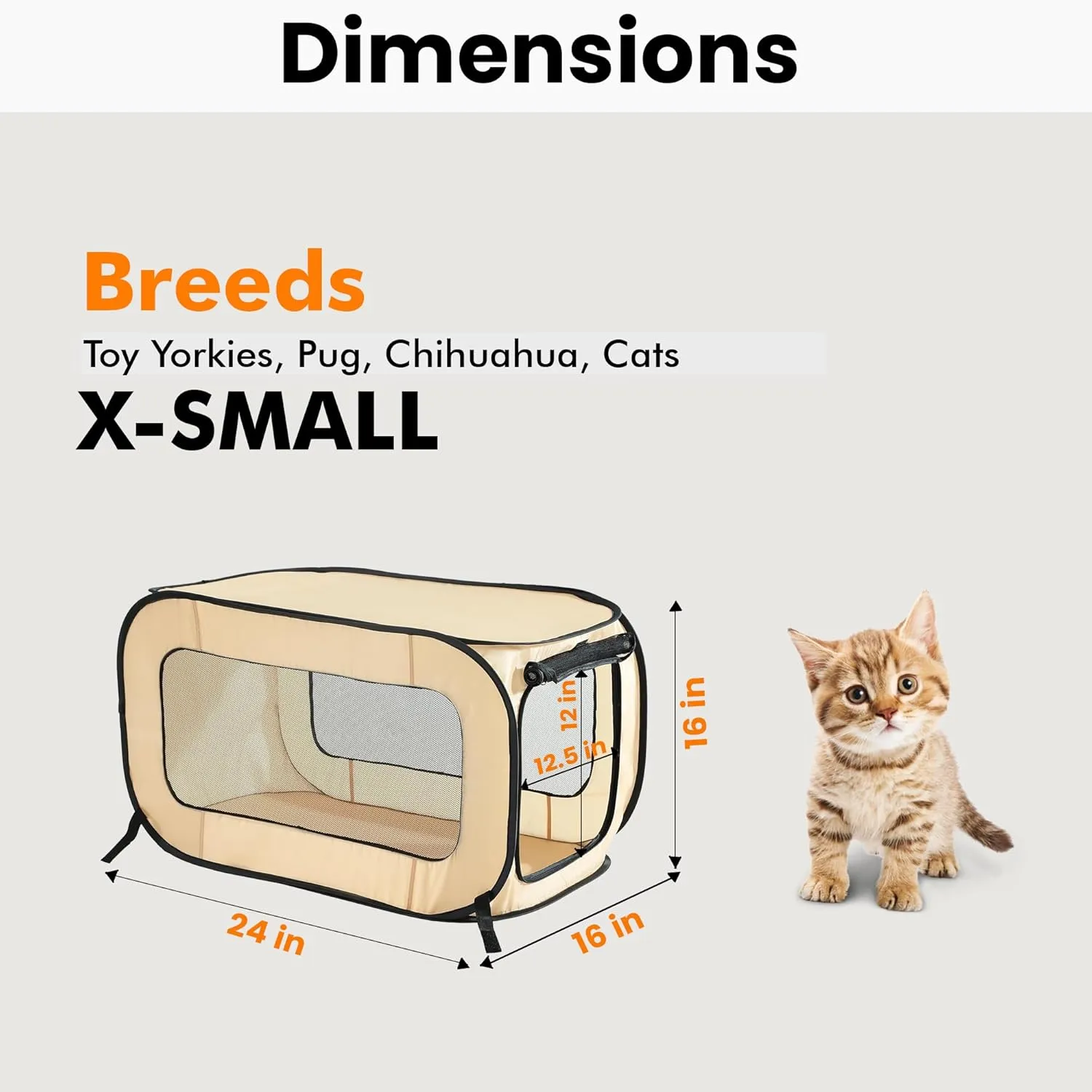Beatrice Home Fashions Portable, Collapsible, Pop Up Kennel Travel Cat and Dog Crate, 24" L x 16.6" W x 16" H, Beige