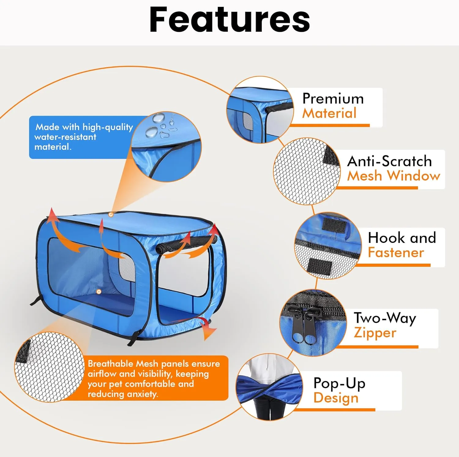 Beatrice Home Fashions Portable, Collapsible, Pop Up Kennel Travel Cat and Dog Crate, 32.5" L x 19.5" W x 19.5" H, Blue