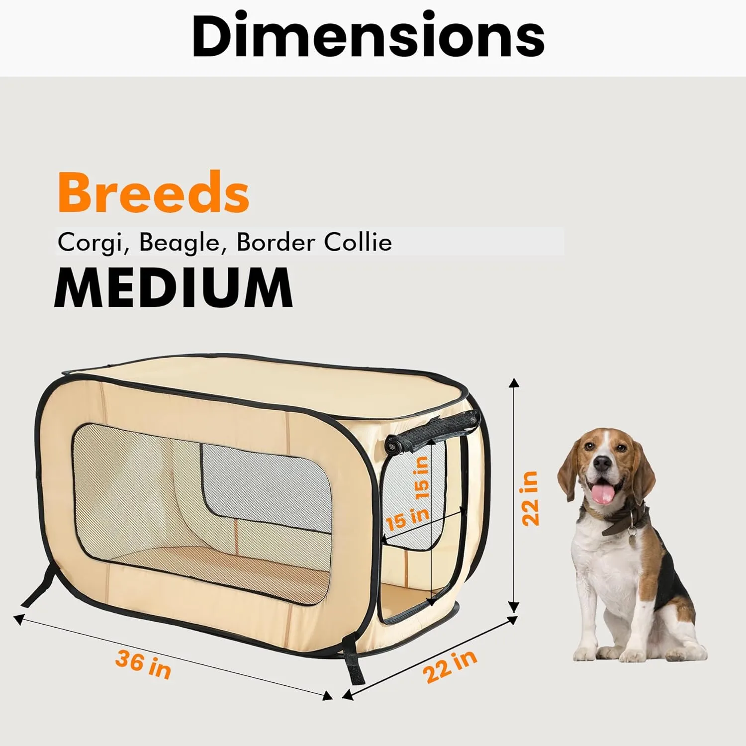Beatrice Home Fashions Portable, Collapsible, Pop Up Kennel Travel Cat and Dog Crate, 36" L x 22" W x 22" H, Beige