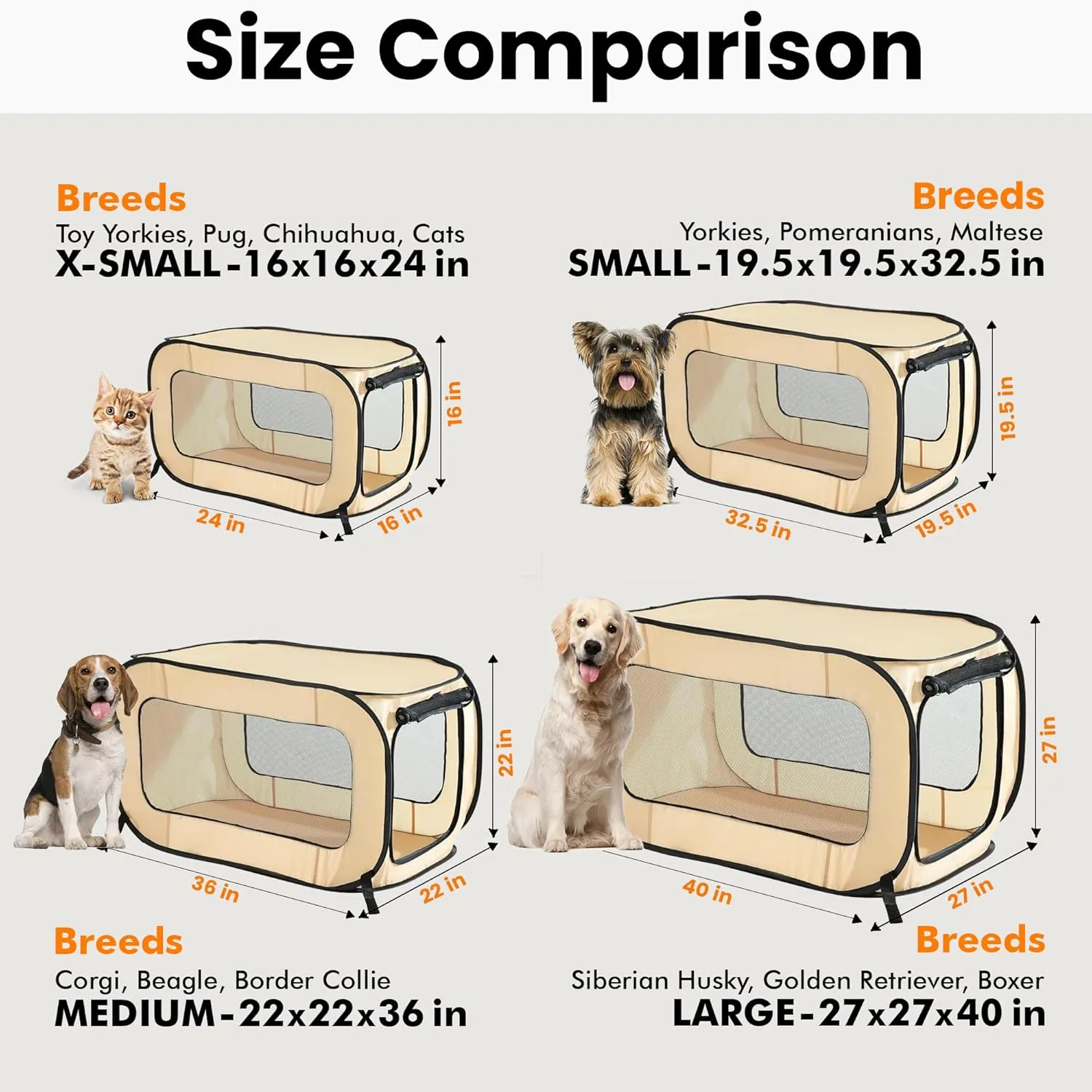 Beatrice Home Fashions Portable, Collapsible, Pop Up Kennel Travel Cat and Dog Crate, 36" L x 22" W x 22" H, Beige