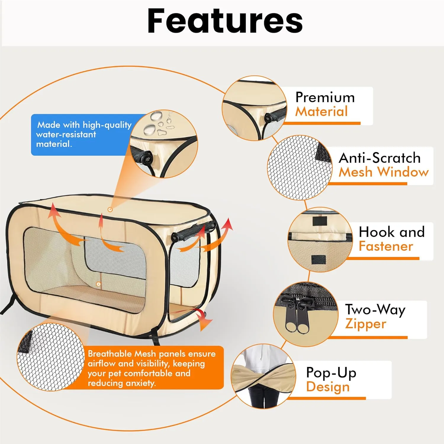 Beatrice Home Fashions Portable, Collapsible, Pop Up Kennel Travel Cat and Dog Crate, 36" L x 22" W x 22" H, Beige