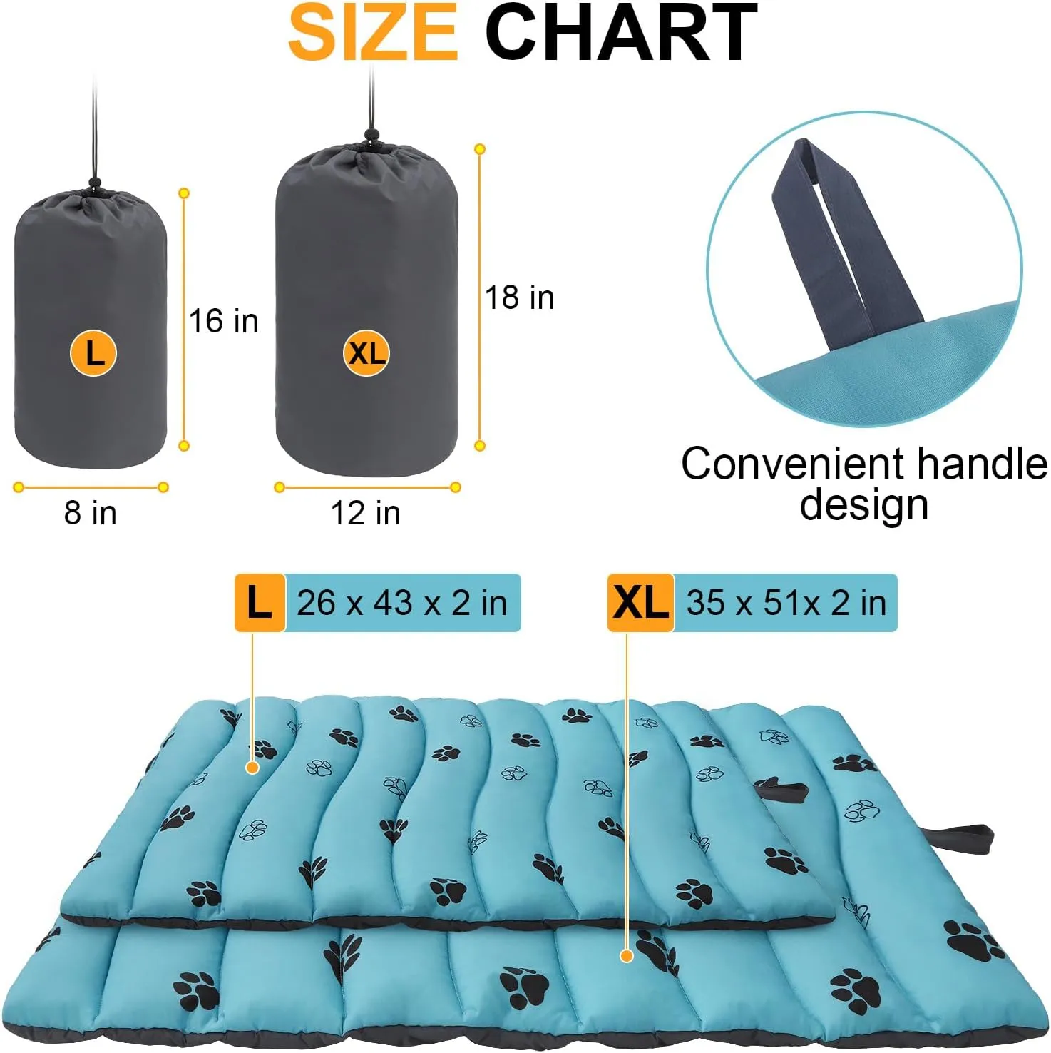 BEAUTYZOO Outdoor Dog Bed Waterproof, Camping Dog Bed Reversible, Portable Travel Dog Bed with Carry Bag- Machine Washable, Durable, Foldable Outdoor Pet Bed Mat for Medium Large Dogs, 26 x 43 Blue