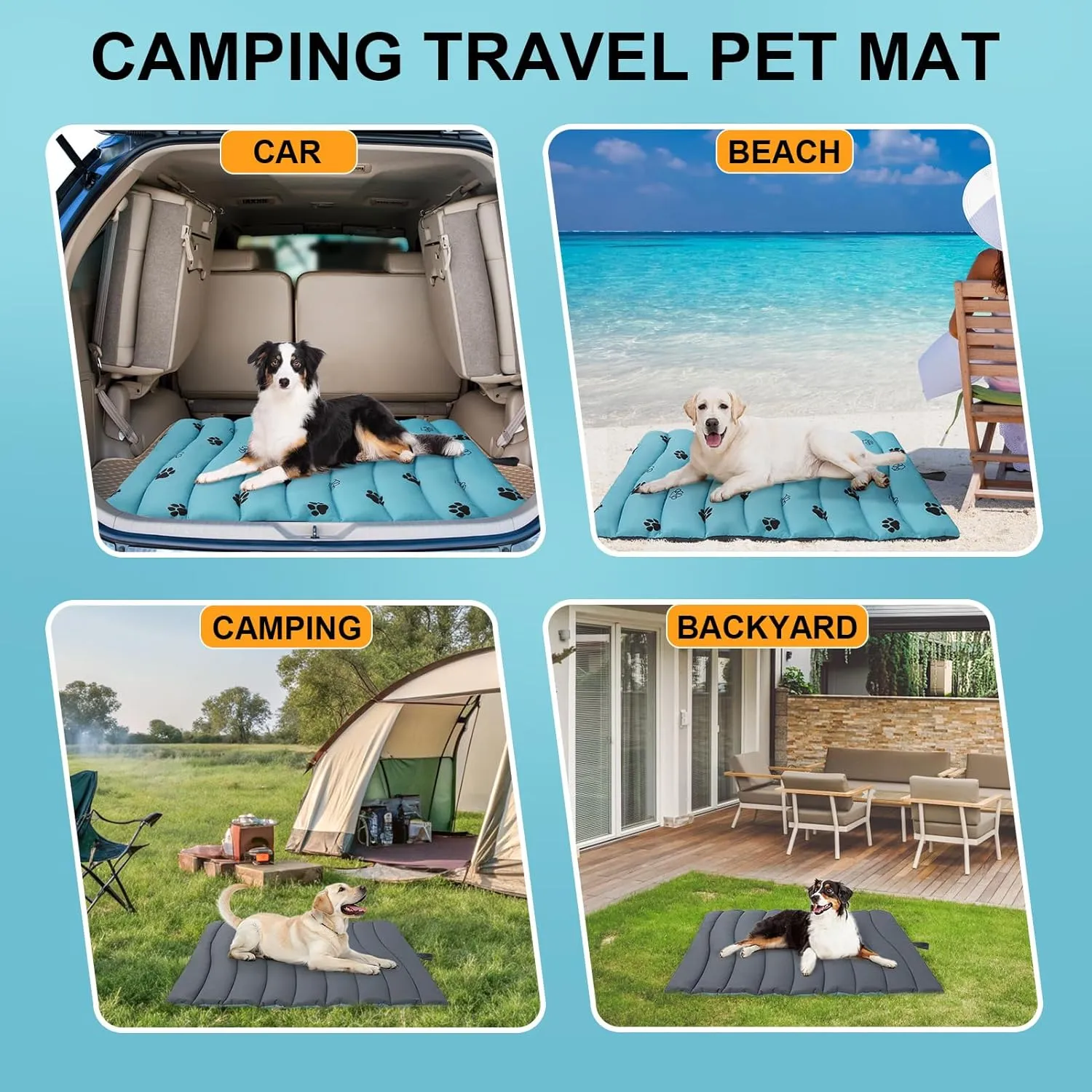 BEAUTYZOO Outdoor Dog Bed Waterproof, Camping Dog Bed Reversible, Portable Travel Dog Bed with Carry Bag- Machine Washable, Durable, Foldable Outdoor Pet Bed Mat for Medium Large Dogs, 26 x 43 Blue