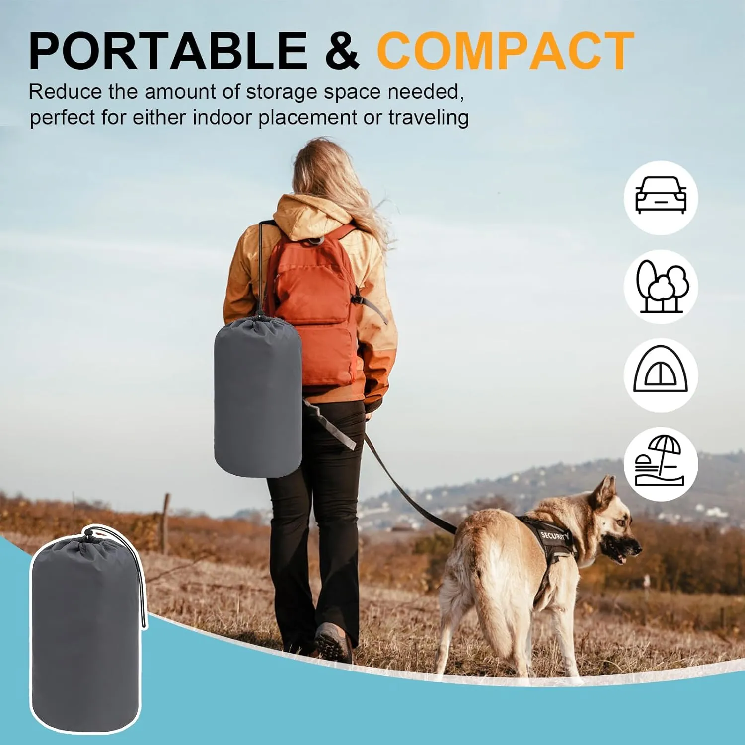 BEAUTYZOO Outdoor Dog Bed Waterproof, Camping Dog Bed Reversible, Portable Travel Dog Bed with Carry Bag- Machine Washable, Durable, Foldable Outdoor Pet Bed Mat for Medium Large Dogs, 26 x 43 Blue