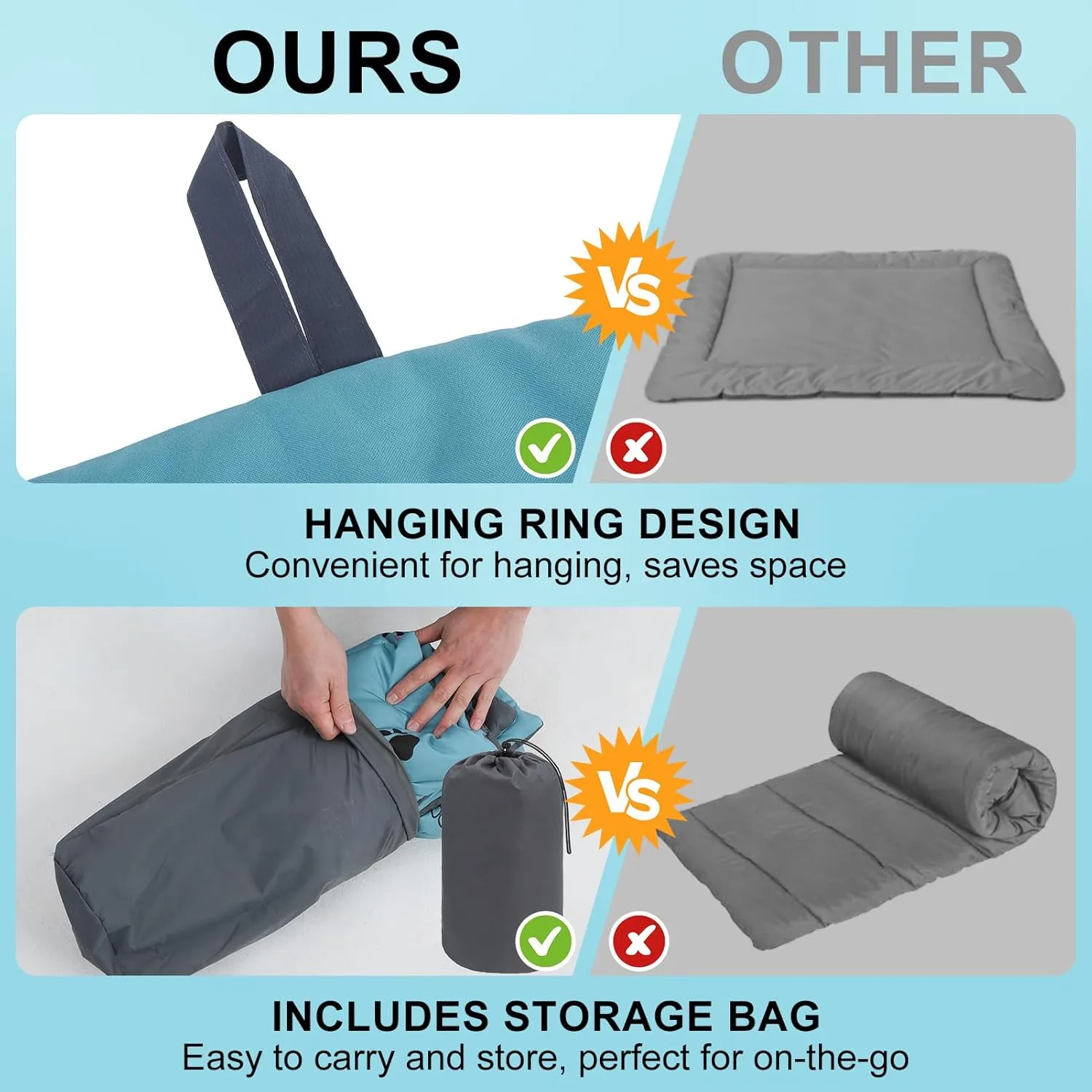 BEAUTYZOO Outdoor Dog Bed Waterproof, Camping Dog Bed Reversible, Portable Travel Dog Bed with Carry Bag- Machine Washable, Durable, Foldable Outdoor Pet Bed Mat for Medium Large Dogs, 26 x 43 Blue
