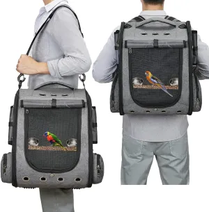 Bird Carrier Backpack Travel Parrot Bag Cage with Perch Stand for Parakeets Cockatiels Birdcage Vet Car Airlines Airplane Plane Approved Mesh Breathable Lightweight Conure Finches Outside (Grey)