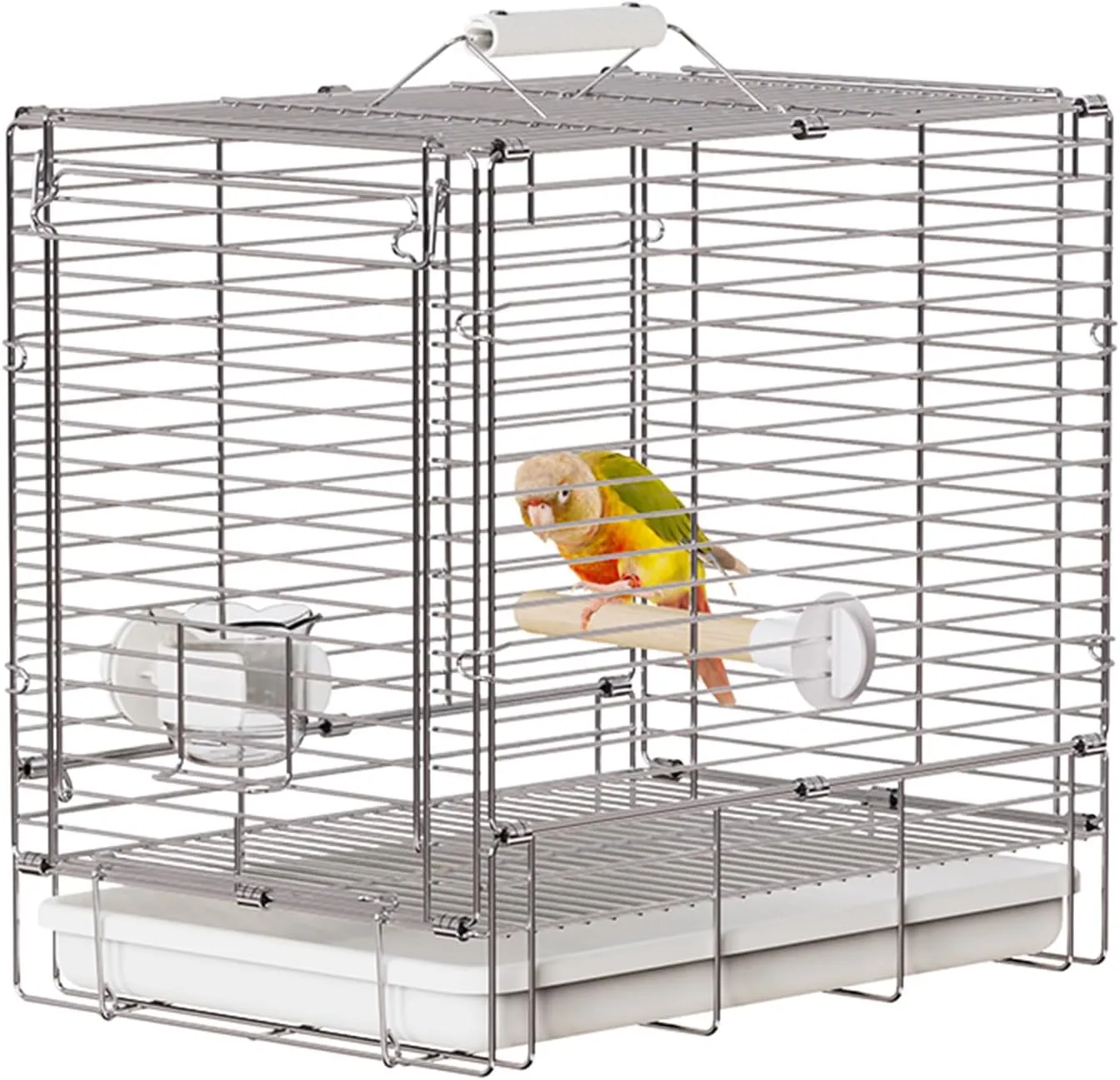 Bird Carrier Travel Cage - 304 Stainless Steel Portable Folding Bird Travel Cage with Parrot Feeder Cups & Standing Perch for Parrots Conures Lovebird Cockatiel Parakeets (White)