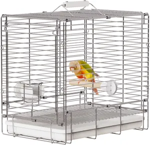 Bird Carrier Travel Cage - 304 Stainless Steel Portable Folding Bird Travel Cage with Parrot Feeder Cups & Standing Perch for Parrots Conures Lovebird Cockatiel Parakeets (White)