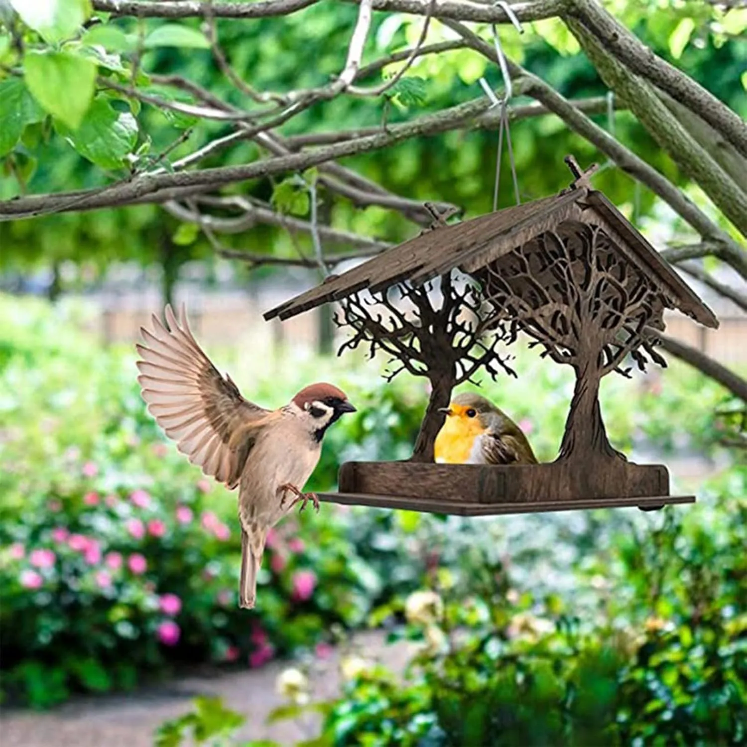 Bird Feeders for The Outdoors Wooden Rustic Bird Feeder Stand Up & Hanging Birdhouse Hummingbird Feeding Handmade Pagoda Bird House Birdseed Snowman (A,B, One Size)