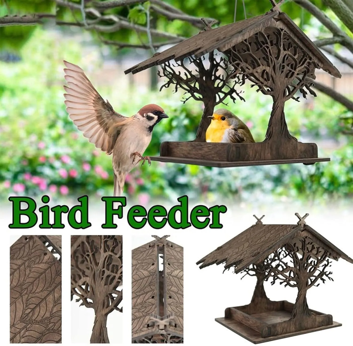 Bird Feeders for The Outdoors Wooden Rustic Bird Feeder Stand Up & Hanging Birdhouse Hummingbird Feeding Handmade Pagoda Bird House Birdseed Snowman (A,B, One Size)