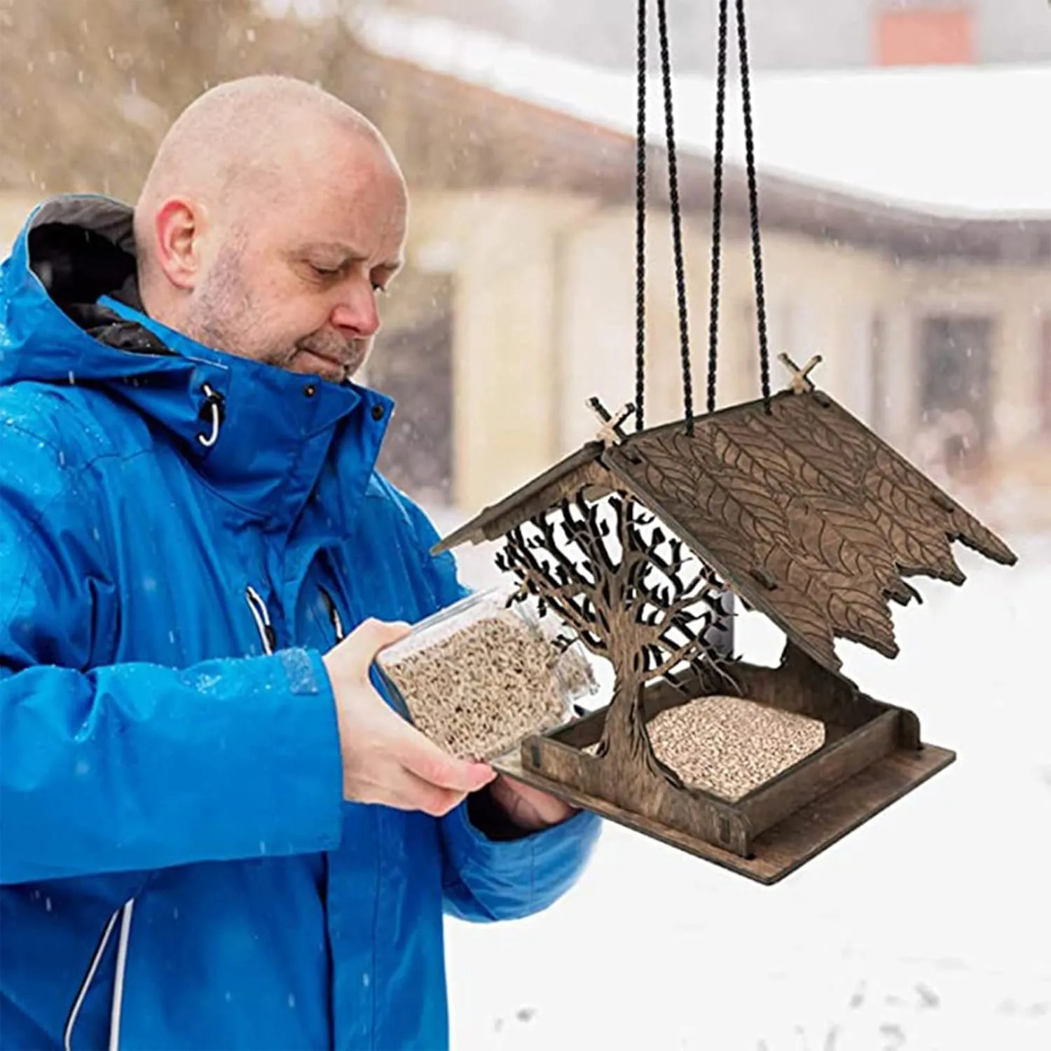 Bird Feeders for The Outdoors Wooden Rustic Bird Feeder Stand Up & Hanging Birdhouse Hummingbird Feeding Handmade Pagoda Bird House Birdseed Snowman (A,B, One Size)
