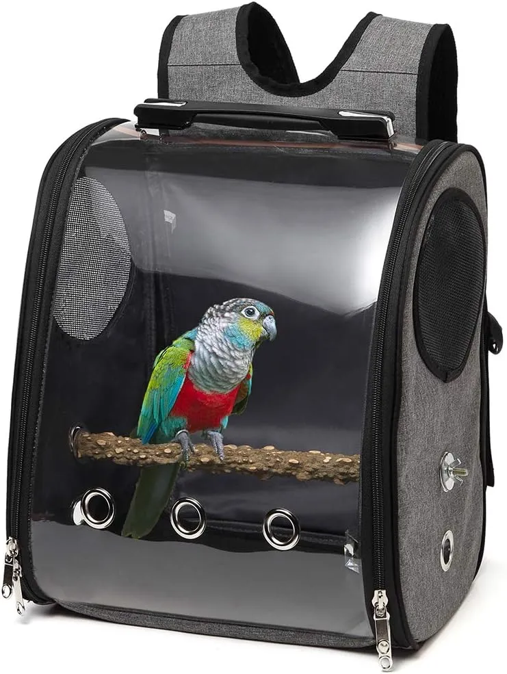 Bird Parrot Backpack Carrier Travel Bag with Perch Stand for Parakeets Cockatiels Conures Finches Lovebirds Small Medium Birds Cage Outside Airlines Airplane Plane Approved Car Lightweight Transparent