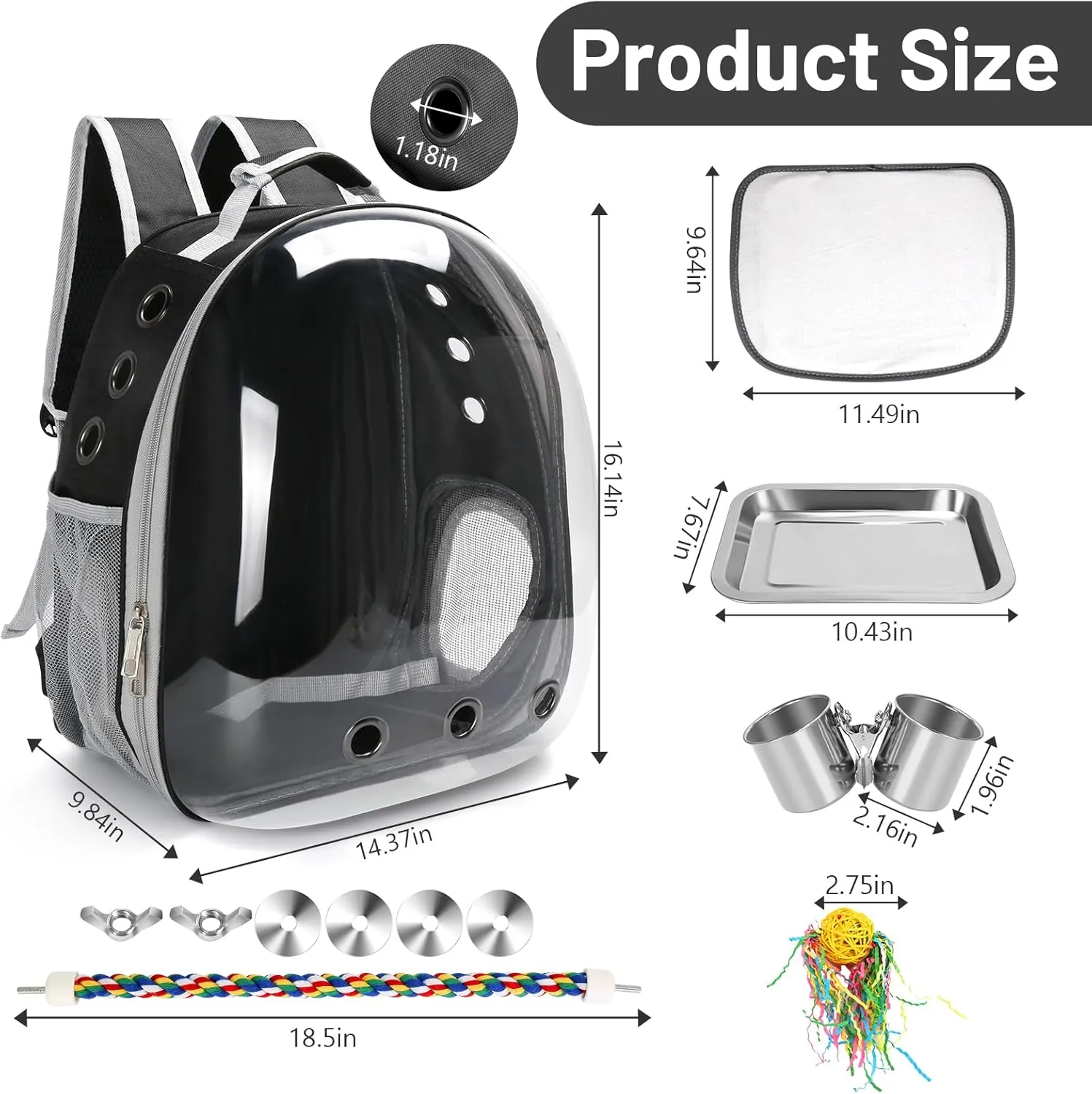 Bird Travel Backpack Carrier, Bird Cage for Small Medium Size Parakeet Budgies Cockatiel, Space Capsule Clear Bubble Window with Stainless Steel Tray Food Bolw Standing Perch (Black)