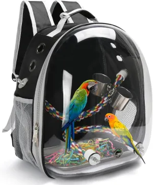 Bird Travel Backpack Carrier, Bird Cage for Small Medium Size Parakeet Budgies Cockatiel, Space Capsule Clear Bubble Window with Stainless Steel Tray Food Bolw Standing Perch (Black)