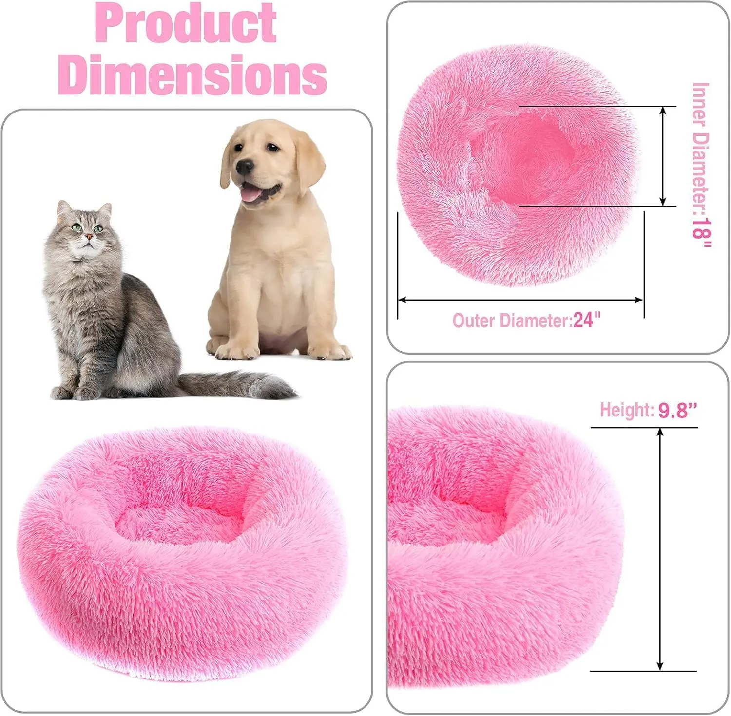 Calming Dog Bed for Small Dogs,Washable Small Pet Bed, Anti-Slip Round Fluffy Plush Faux Fur Large Cat Bed, Fits up to 25 lbs Pets,(Pink 60CM)