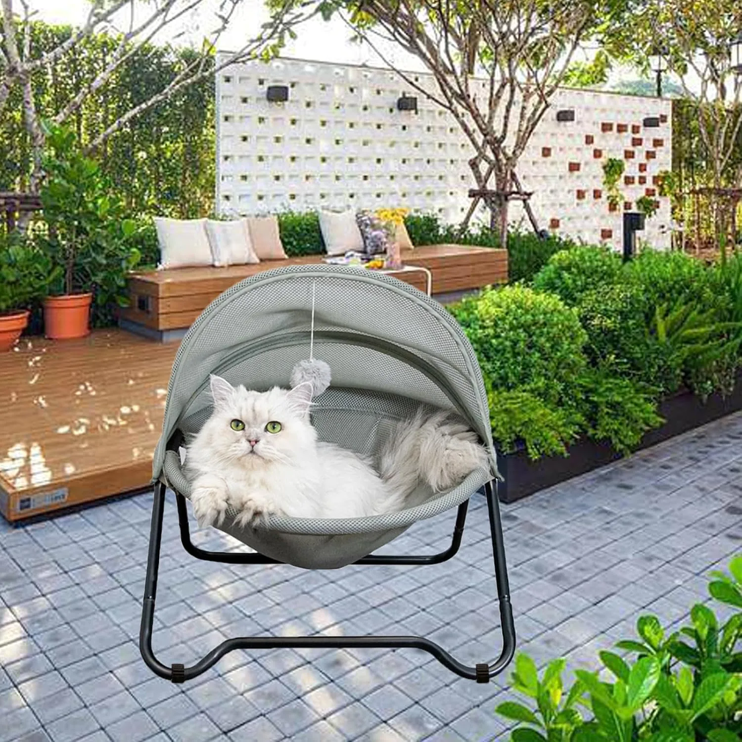 Cat Bed Cat Hammock Bed Elevated cat Bed, Comfortable and Breathable Pet Bed with Awning and Plush Toy, No-Tools Assemble, Cover Removable and Washable, Suitable for Indoor and Outdoor Use