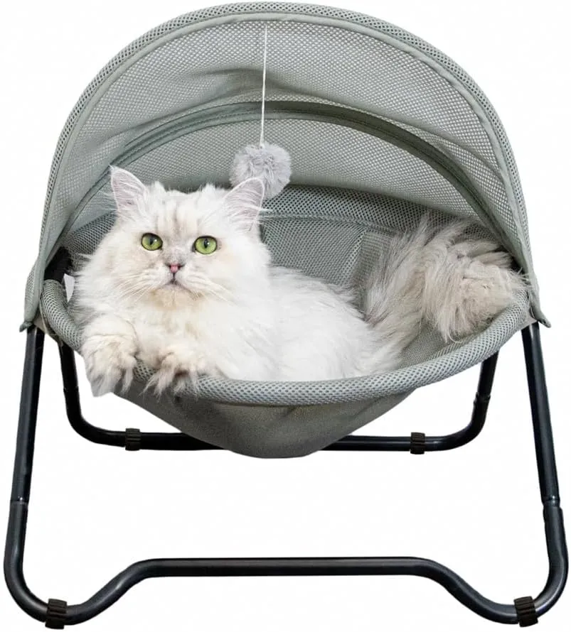 Cat Bed Cat Hammock Bed Elevated cat Bed, Comfortable and Breathable Pet Bed with Awning and Plush Toy, No-Tools Assemble, Cover Removable and Washable, Suitable for Indoor and Outdoor Use