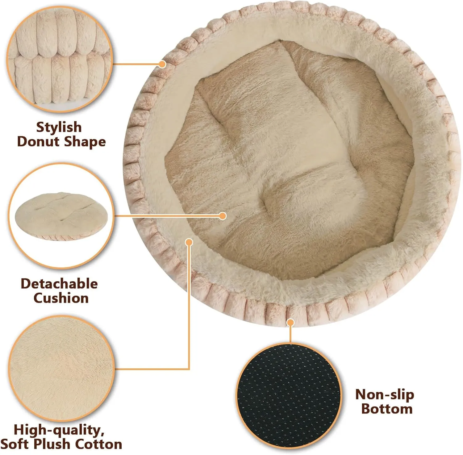 Cat Beds Kitten Bed Washable Dog Bed for Indoor Cats - 24 inches Plush Soft Faux Fur Pet Bed Round Donut Puppy Kitty Bed for Small Medium Cats Dogs with Anti-Slip Bottom, Fit up to 25 lbs Pets
