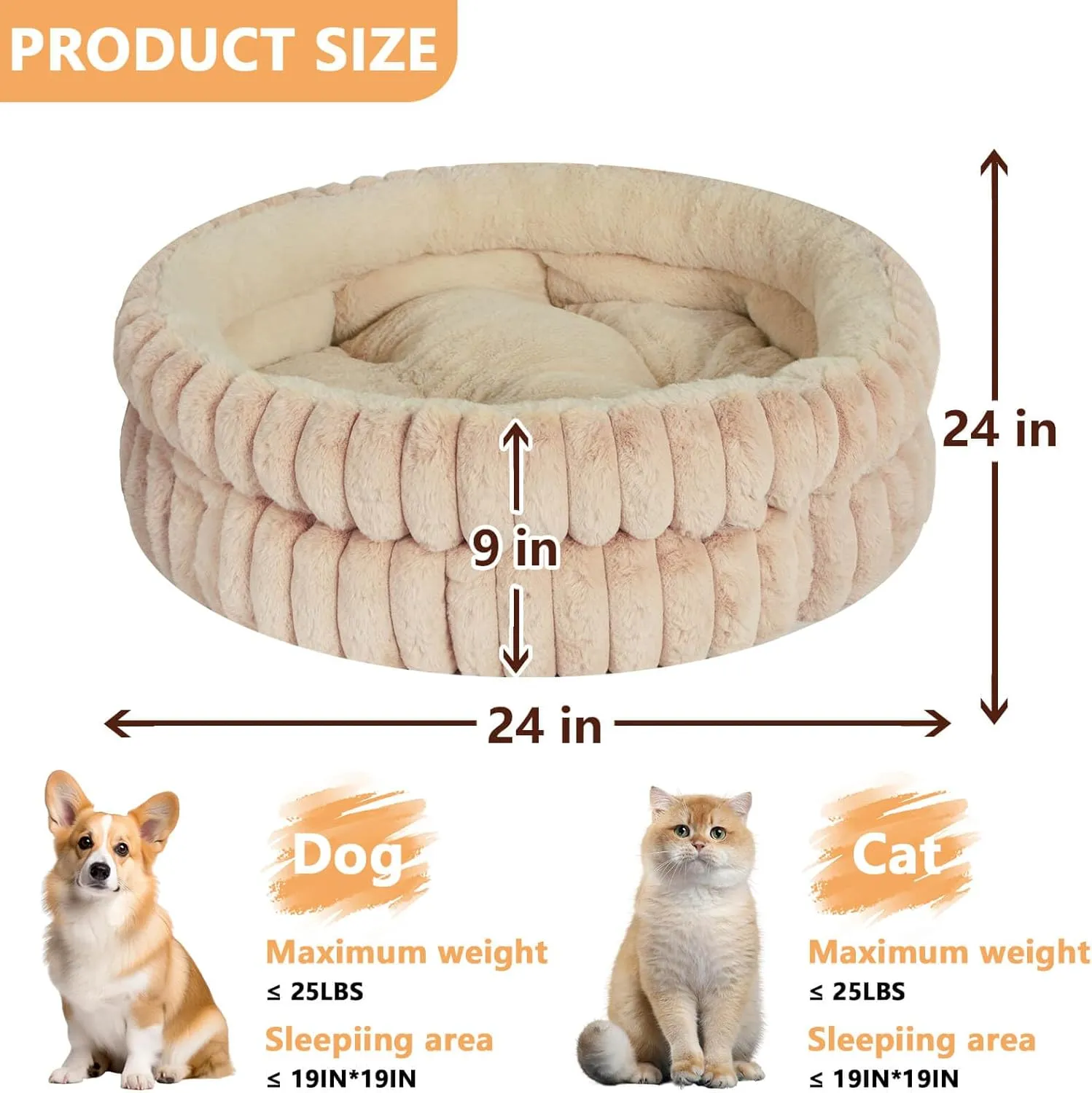 Cat Beds Kitten Bed Washable Dog Bed for Indoor Cats - 24 inches Plush Soft Faux Fur Pet Bed Round Donut Puppy Kitty Bed for Small Medium Cats Dogs with Anti-Slip Bottom, Fit up to 25 lbs Pets