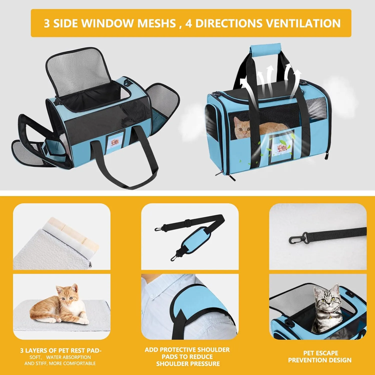 Cat Carrier Dog Carriers Airline Approved for Small Dogs, Kitten, Carriers for Small Medium Cats Under 15lb, Collapsible Soft Sided TSA Approved Pet Travel Carrier-Blue