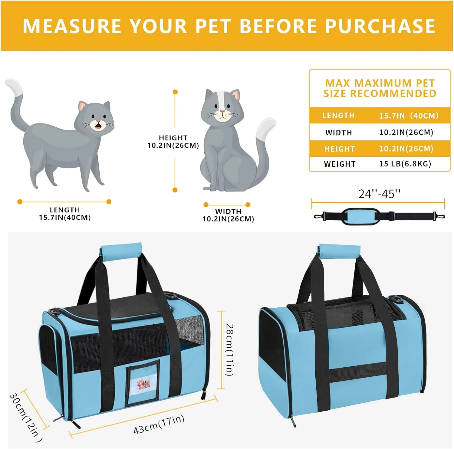 Cat Carrier Dog Carriers Airline Approved for Small Dogs, Kitten, Carriers for Small Medium Cats Under 15lb, Collapsible Soft Sided TSA Approved Pet Travel Carrier-Blue