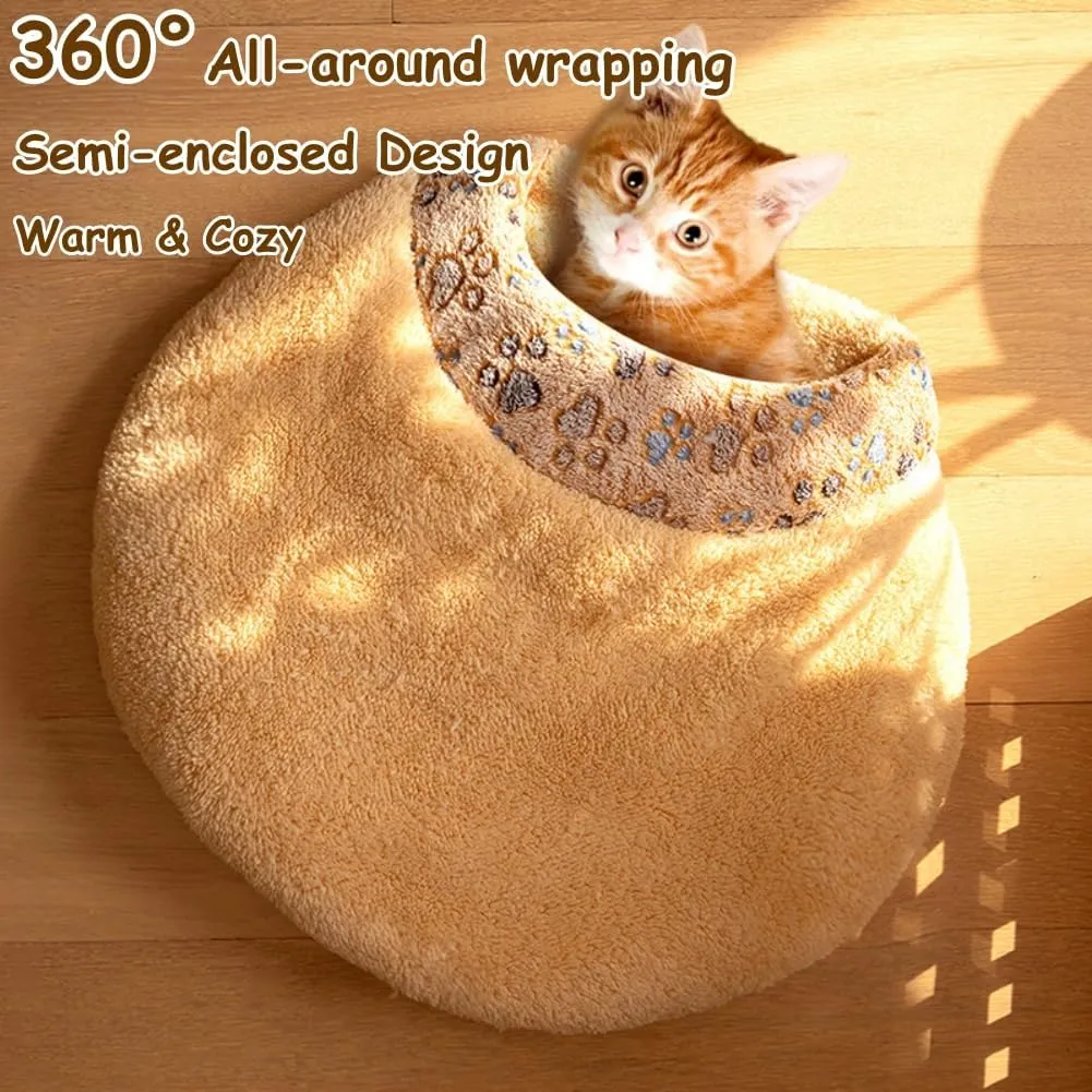 Cat Sleeping Bag, Cat Winter Sleeping Bag for Indoor Cats, Self Warming Bed Cave, Semienclosed Soft Plush Large Cats Sack Covered Bed with Cave for Kitten Puppy (Khaki, M-23.6x19.7x6.3in)