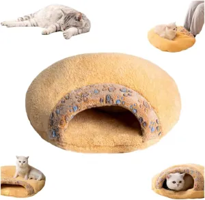 Cat Sleeping Bag, Cat Winter Sleeping Bag for Indoor Cats, Self Warming Bed Cave, Semienclosed Soft Plush Large Cats Sack Covered Bed with Cave for Kitten Puppy (Khaki, M-23.6x19.7x6.3in)
