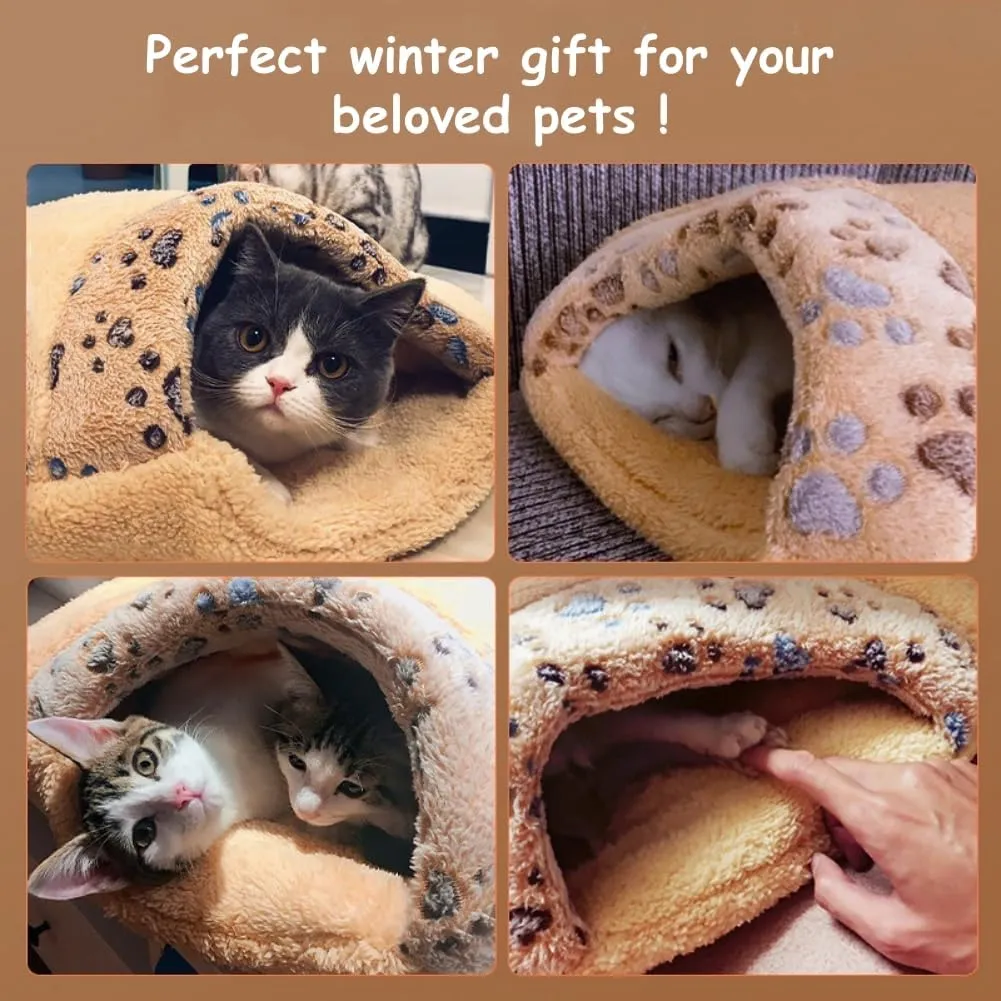 Cat Sleeping Bag, Cat Winter Sleeping Bag for Indoor Cats, Self Warming Bed Cave, Semienclosed Soft Plush Large Cats Sack Covered Bed with Cave for Kitten Puppy (Khaki, M-23.6x19.7x6.3in)