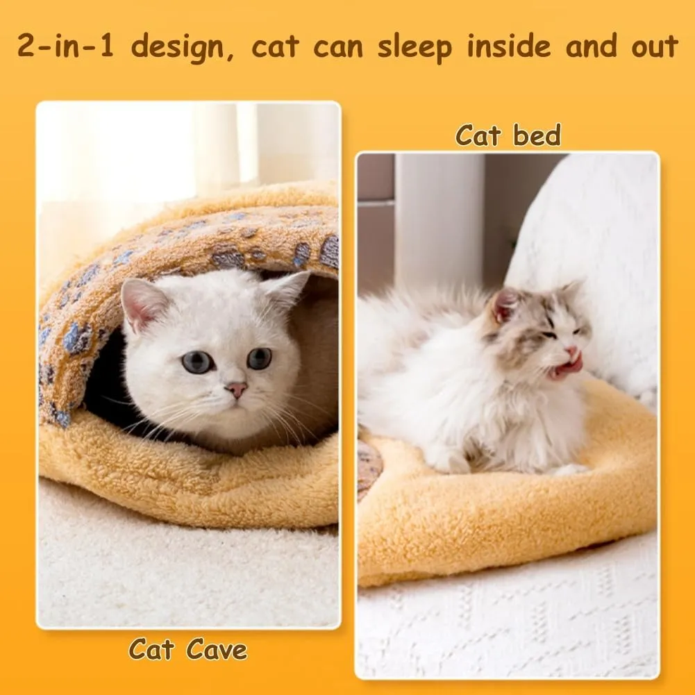 Cat Sleeping Bag, Cat Winter Sleeping Bag for Indoor Cats, Self Warming Bed Cave, Semienclosed Soft Plush Large Cats Sack Covered Bed with Cave for Kitten Puppy (Khaki, M-23.6x19.7x6.3in)