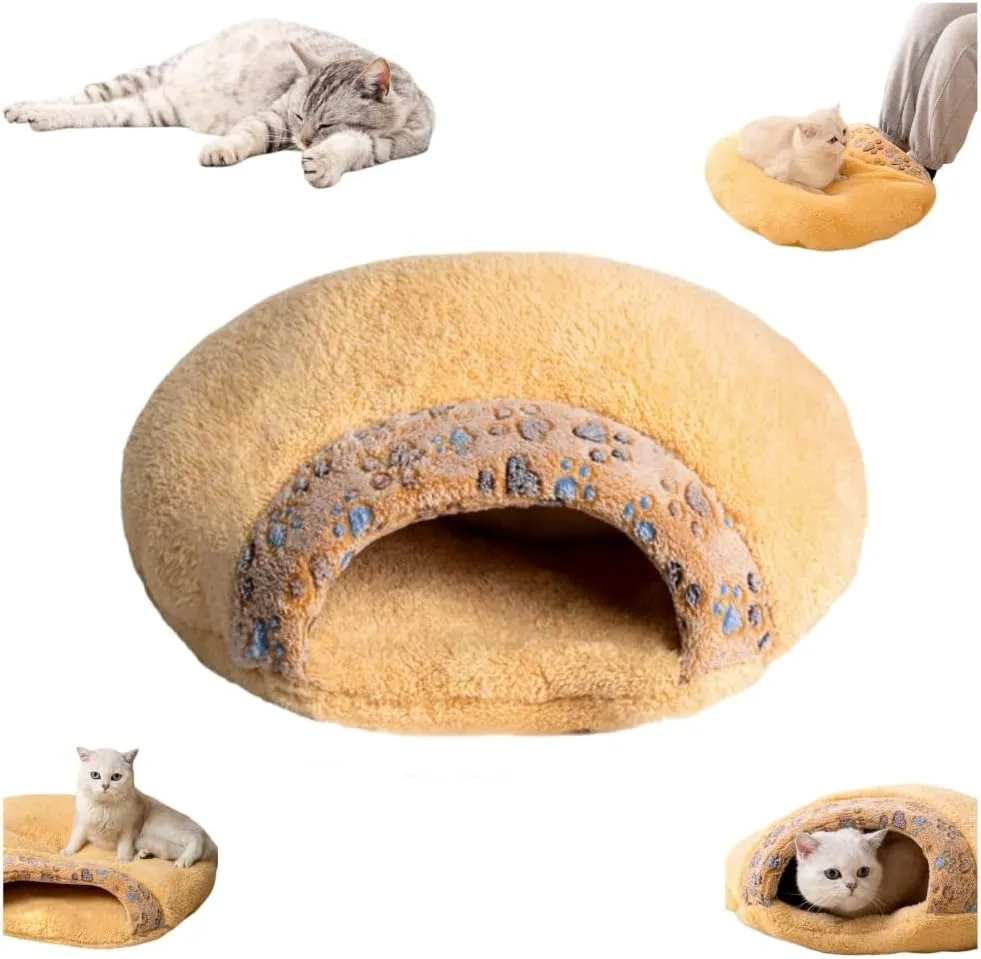 Cat Sleeping Bag, Cat Winter Sleeping Bag for Indoor Cats, Self Warming Bed Cave, Semienclosed Soft Plush Large Cats Sack Covered Bed with Cave for Kitten Puppy (Khaki, M-23.6x19.7x6.3in)
