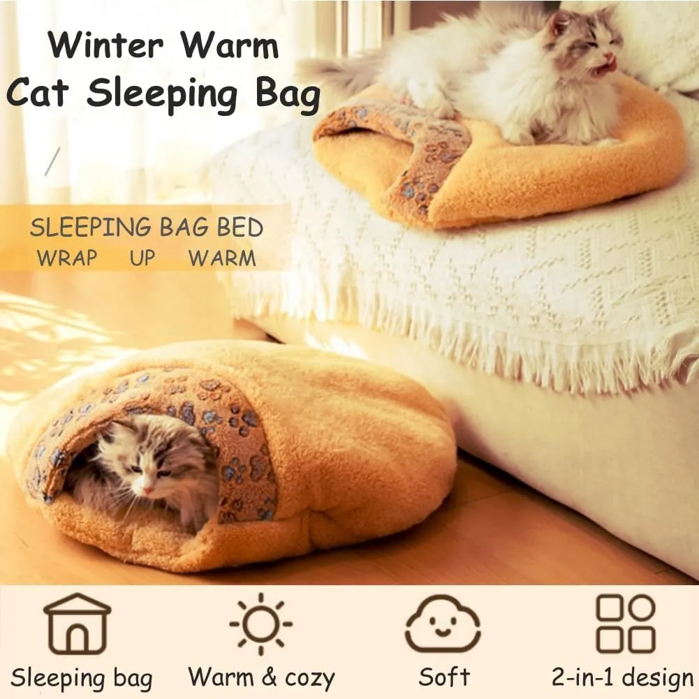 Cat Sleeping Bag, Cat Winter Sleeping Bag for Indoor Cats, Self Warming Bed Cave, Semienclosed Soft Plush Large Cats Sack Covered Bed with Cave for Kitten Puppy (Khaki, M-23.6x19.7x6.3in)