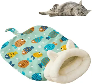 Cat Sleeping Bag for Indoor Cats, Cozy Cat Winter Sleeping Bag, Soft Plush Cats Sack Self Warming Kitten Bed Cave, Covered Warm Bed for Kittens (Green, 21.65x17.7in)
