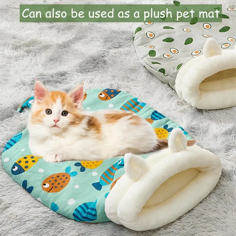 Cat Sleeping Bag for Indoor Cats, Cozy Cat Winter Sleeping Bag, Soft Plush Cats Sack Self Warming Kitten Bed Cave, Covered Warm Bed for Kittens (Green, 21.65x17.7in)