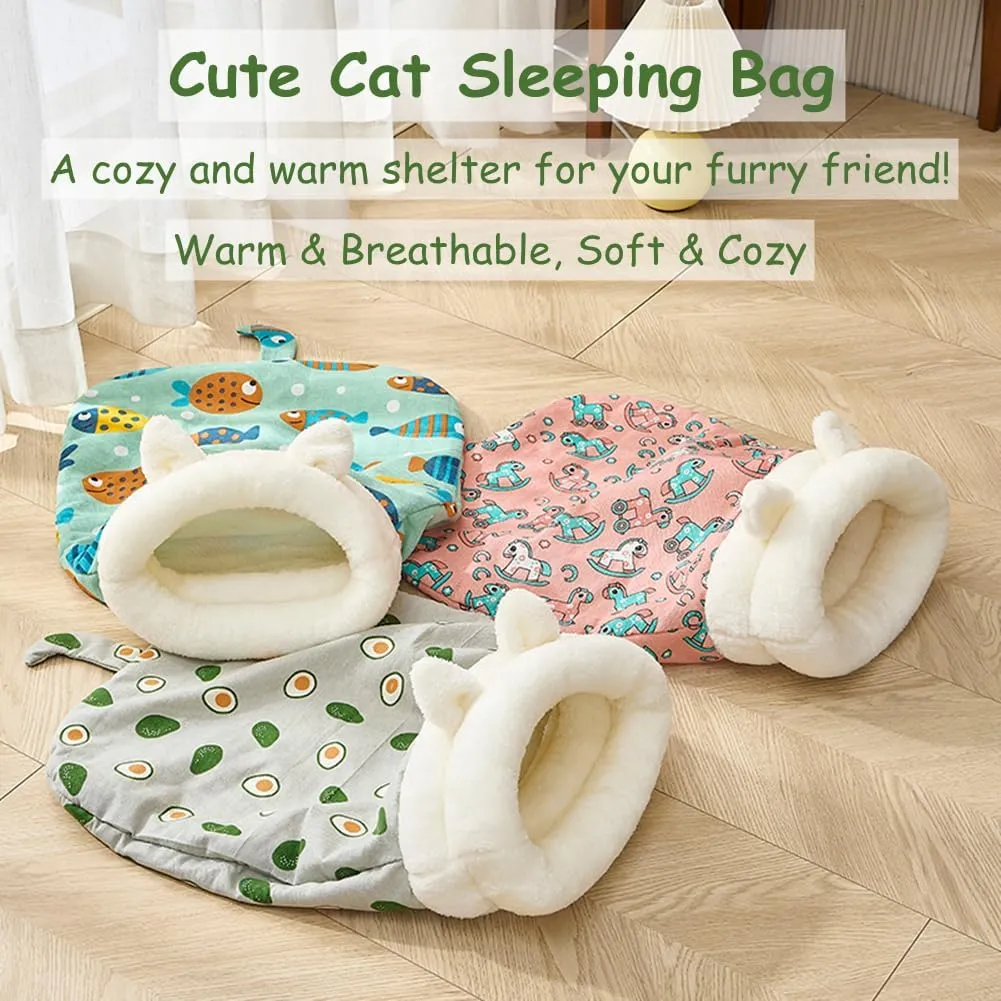 Cat Sleeping Bag for Indoor Cats, Cozy Cat Winter Sleeping Bag, Soft Plush Cats Sack Self Warming Kitten Bed Cave, Covered Warm Bed for Kittens (Green, 21.65x17.7in)